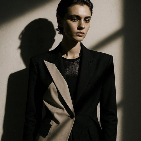 Fashion shot of a beautiful young man in a black suit.