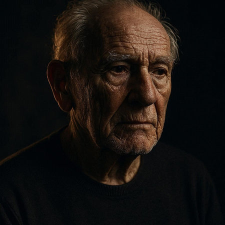 Portrait of an old man with a serious look on a dark backgroundの写真素材