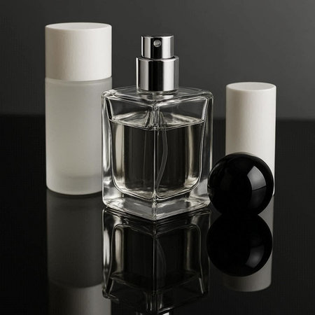 Bottle of perfume on a black background. Shallow depth of field.