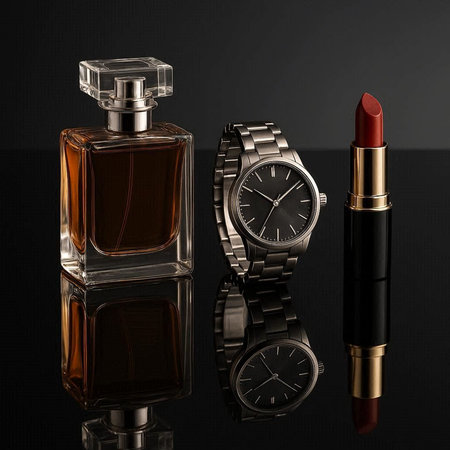 Luxury men's watches, perfume and lipstick on a black background.の写真素材