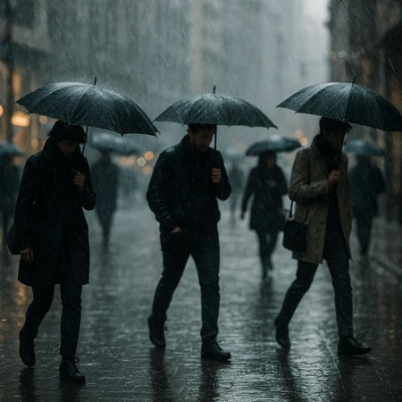 Rainy day in Paris, France. A group of people walking in the rain.の写真素材