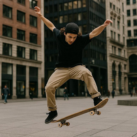 Skateboarder in the city. Young man riding skateboard on the street.