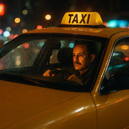 Taxi driver in the city at night. Blurred background.の写真素材