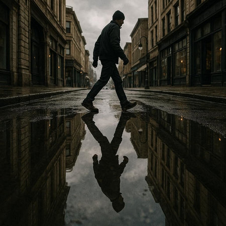 Man walking in the rain with reflection in a puddle in Londonの写真素材