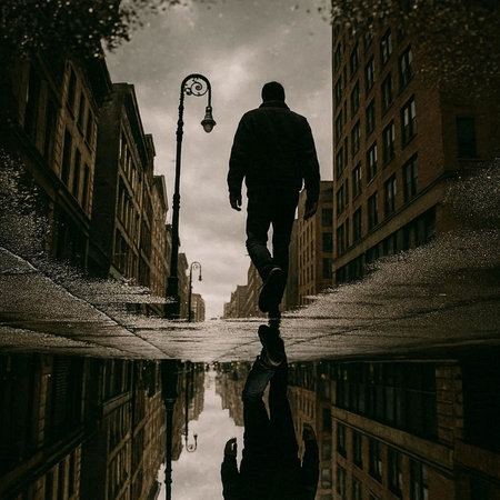 Reflection of a man in a puddle on a rainy dayの写真素材