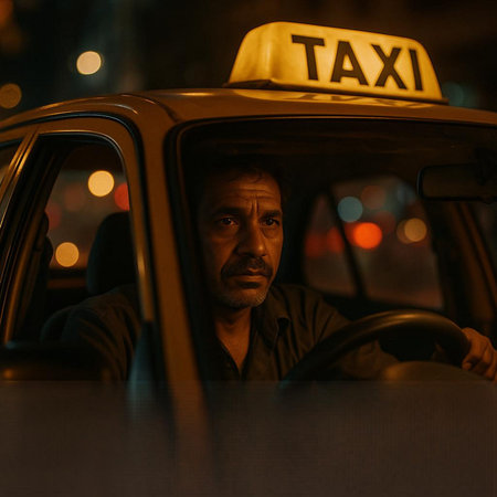 Taxi driver in the city at night. Selective focus.