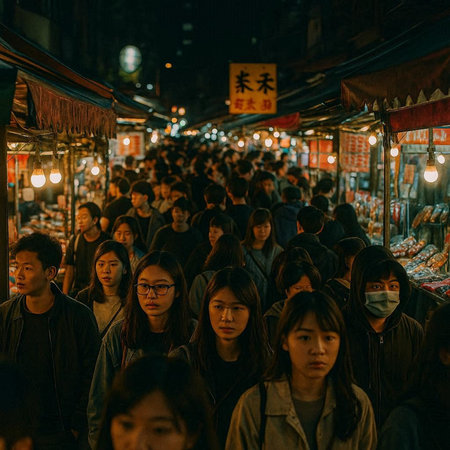 Crowd of people walking in the street at night