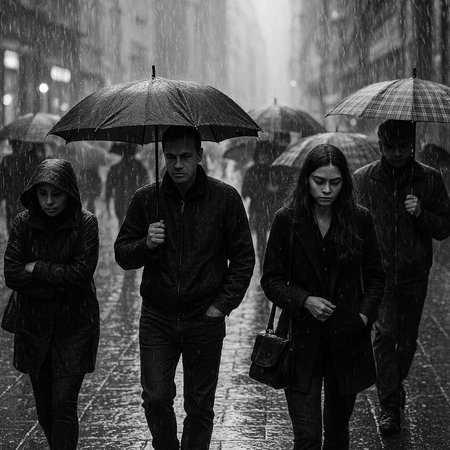 Group of people walking in the rain. Black and white photo.の写真素材