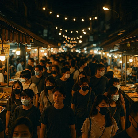 Unidentified people wearing face mask at night market in Bangkok, Thailand.