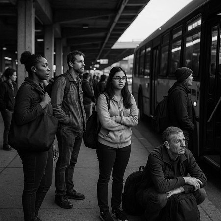 Group of people waiting for the train at the station. Black and white photo.の写真素材