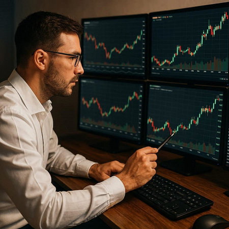 Side view of young caucasian businessman in eyeglasses looking at computer monitor with stock market chart. Stock market conceptの写真素材