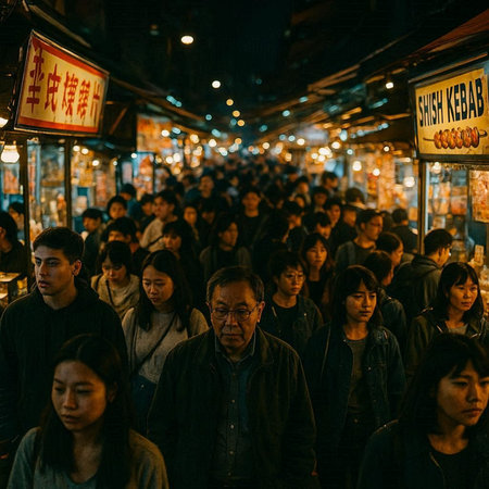 Unidentified people in Hong Kong night market.の写真素材