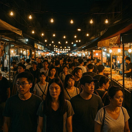 Unidentified people at night market in Bangkok, Thailandの写真素材