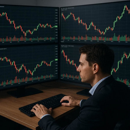Side view of young businessman in suit working on computer in dark room with forex chart