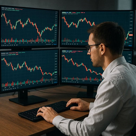 Side view of young caucasian businessman in eyeglasses typing on computer keyboard while sitting at...