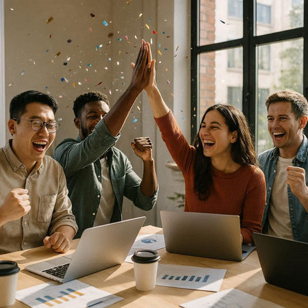 Group of cheerful multiethnic business people celebrating success at workplace in officeの写真素材