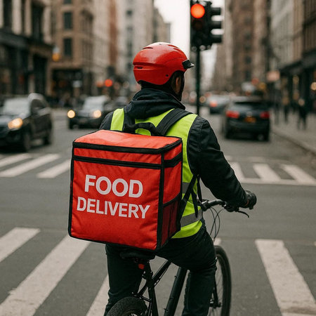 rear view of delivery man in helmet riding bicycle with food delivery box on street