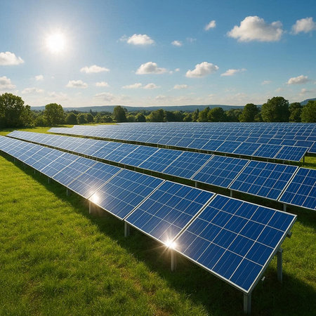 Solar panels on a green meadow, photovoltaic cells