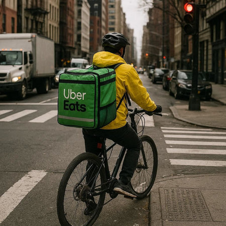 Rear view of a delivery man in a yellow jacket riding a bicycle with a green thermo bag on his back...