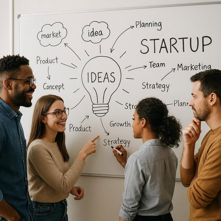 Group of young multiethnic business people standing near whiteboard with idea sketchの写真素材