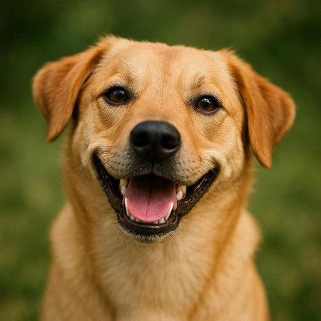 Labrador retriever dog portrait on green grass background. Close up.