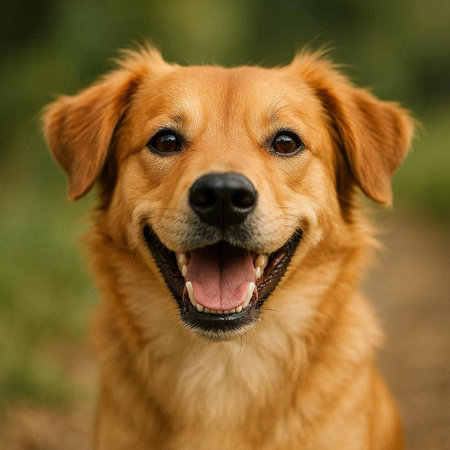 Portrait of a cute golden retriever dog in the park.