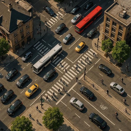 Aerial view of a crosswalk in downtown Boston, Massachusetts.