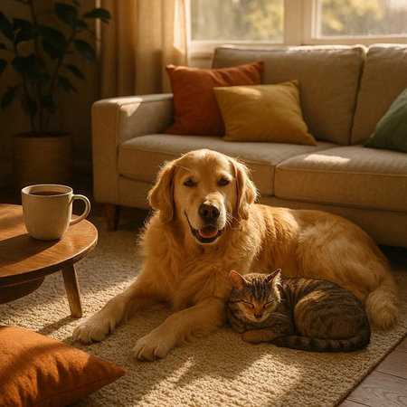 Golden Retriever, cat and coffee in the living room.の写真素材