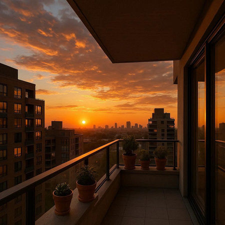 Sunset view from the balcony of a modern apartment. 3D rendering