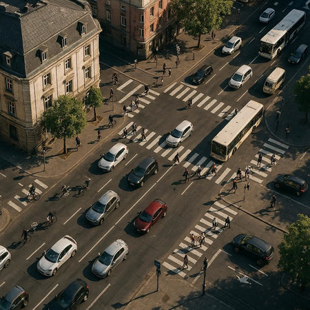 Aerial view of the streets of Budapest, Hungary. Cars and people on the crosswalk