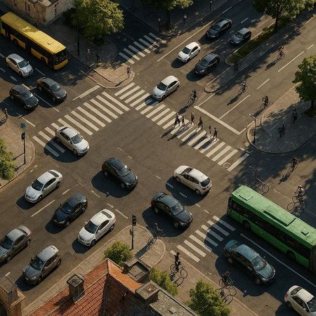 Aerial view of a crosswalk with cars and people crossing it