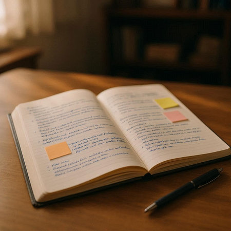 Pen and book on a wooden table in a cafe. Selective focus.
