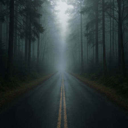 An image of a road in a foggy forest with trees.