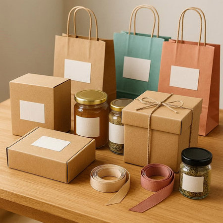 Shopping bags, jars of jam and canned food on wooden background