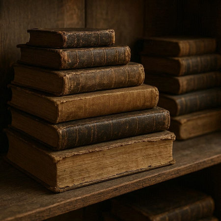 Old books on a shelf in a library. Selective focus.の写真素材