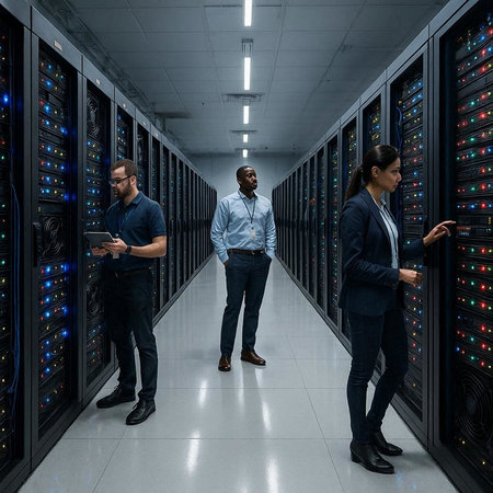 Programmers working together in data center. Mixed media. Mixed media