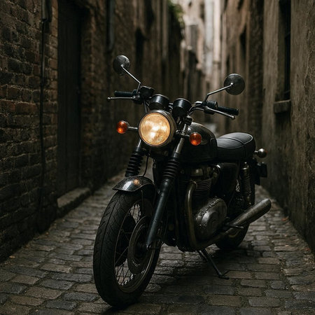 Vintage custom motorcycle parked in a narrow street in Bruges, Belgium.