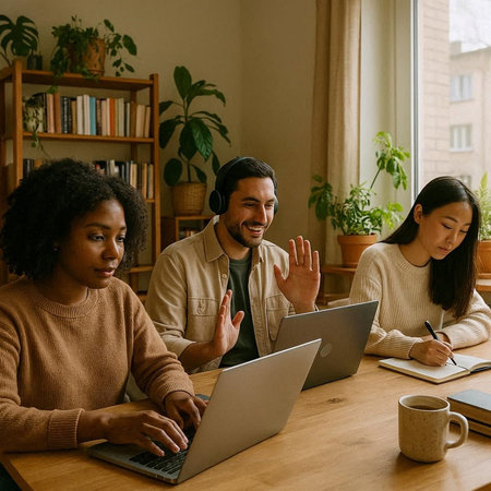 Group of multiracial young people sitting at the table and working on a laptop