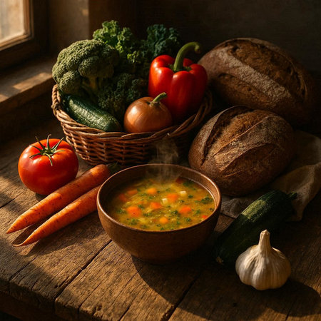 Vegetable soup with fresh vegetables and bread on rustic wooden tableの写真素材