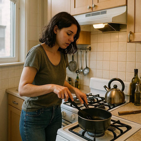 A young woman is cooking in the kitchen at home. The concept of a healthy lifestyle.