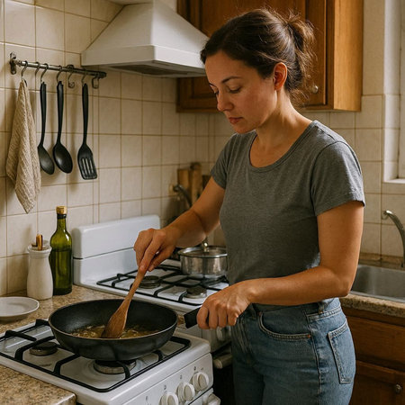 Young woman cooking in the kitchen at home. Healthy food concept.の写真素材