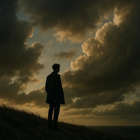 Man looking at the sunset over a dune on a cloudy dayの写真素材