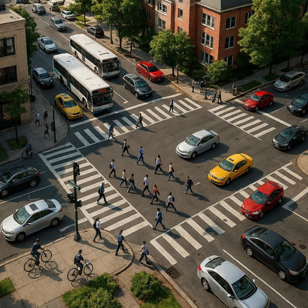 Aerial view of people crossing a crosswalk in the city.