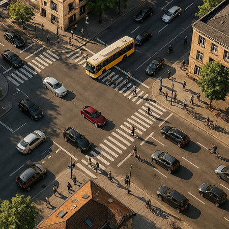 Aerial view of a crosswalk with cars and people crossing itの写真素材