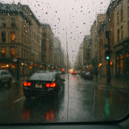Rain drops on the glass of the car in the city. Rainy day.の写真素材