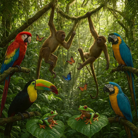 Group of colorful macaws sitting on a branch in the rainforestの写真素材