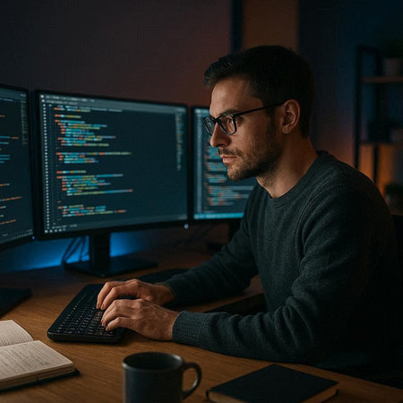 Serious programmer working on computer late at night in dark office. Man in eyeglasses typing on...