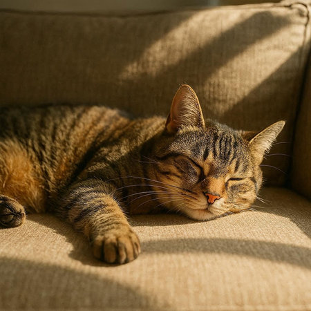 Cute tabby cat sleeping on a sofa in the sun light