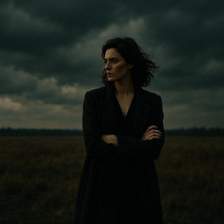 Young woman in a black dress standing in the field and looking away
