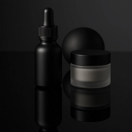 Black cosmetic bottles on a black background. 3d rendering, mock upの写真素材